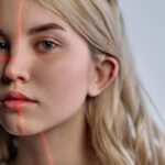 Close-up portrait of woman with laser scanning lines, symbolizing advanced technology in facial recognition.